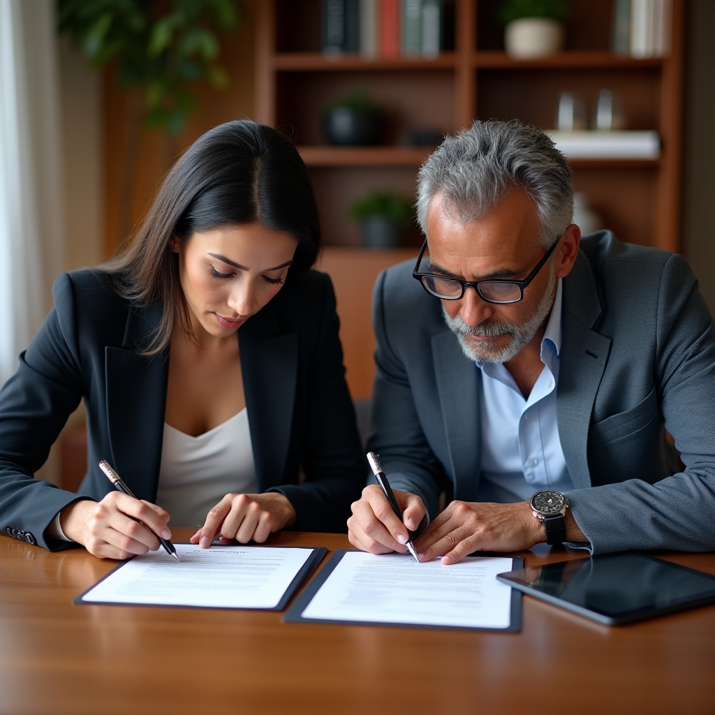Event planner and vendor representative reviewing and signing a contract document at a wooden desk