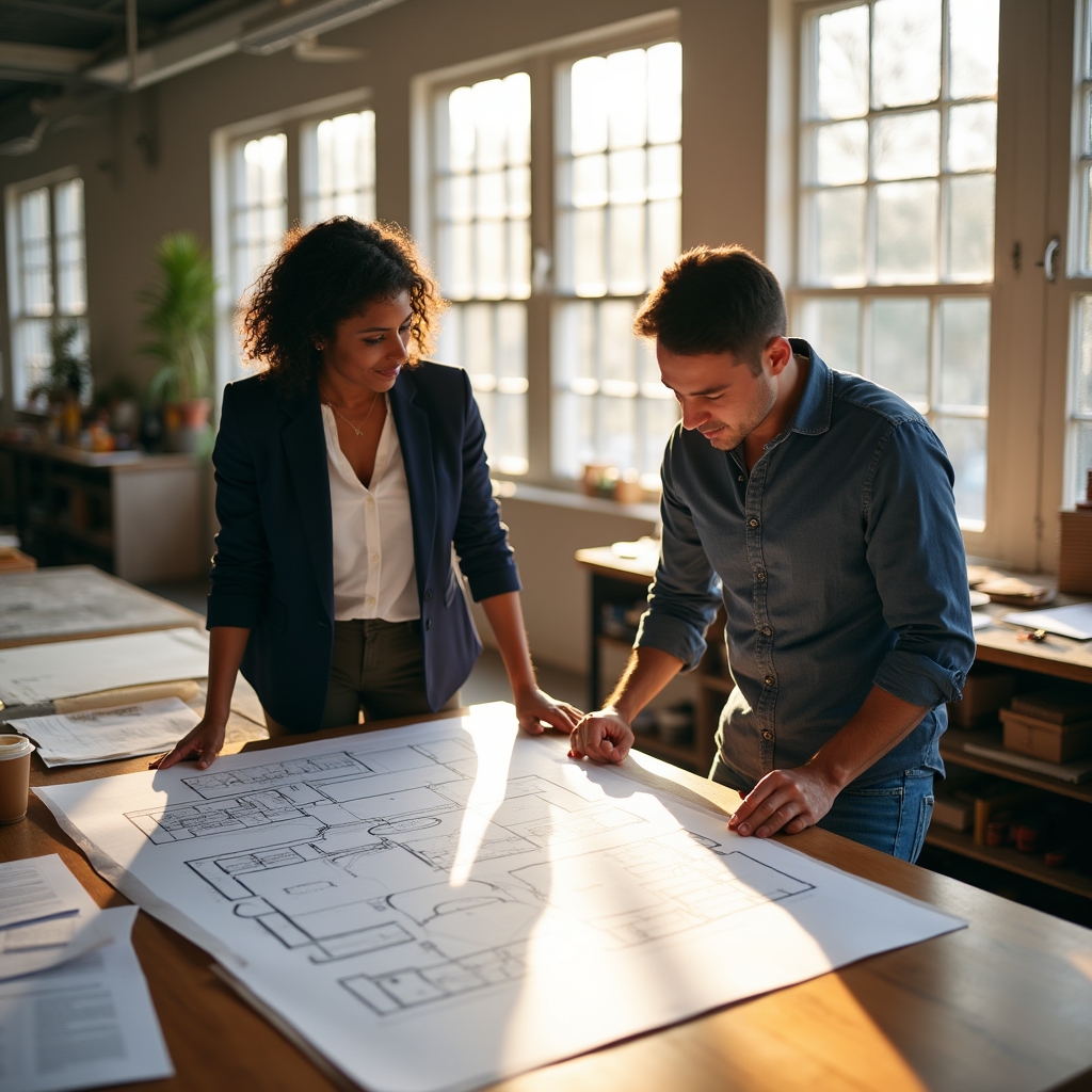 Event planner and venue coordinator reviewing a floor plan together at a long wooden table