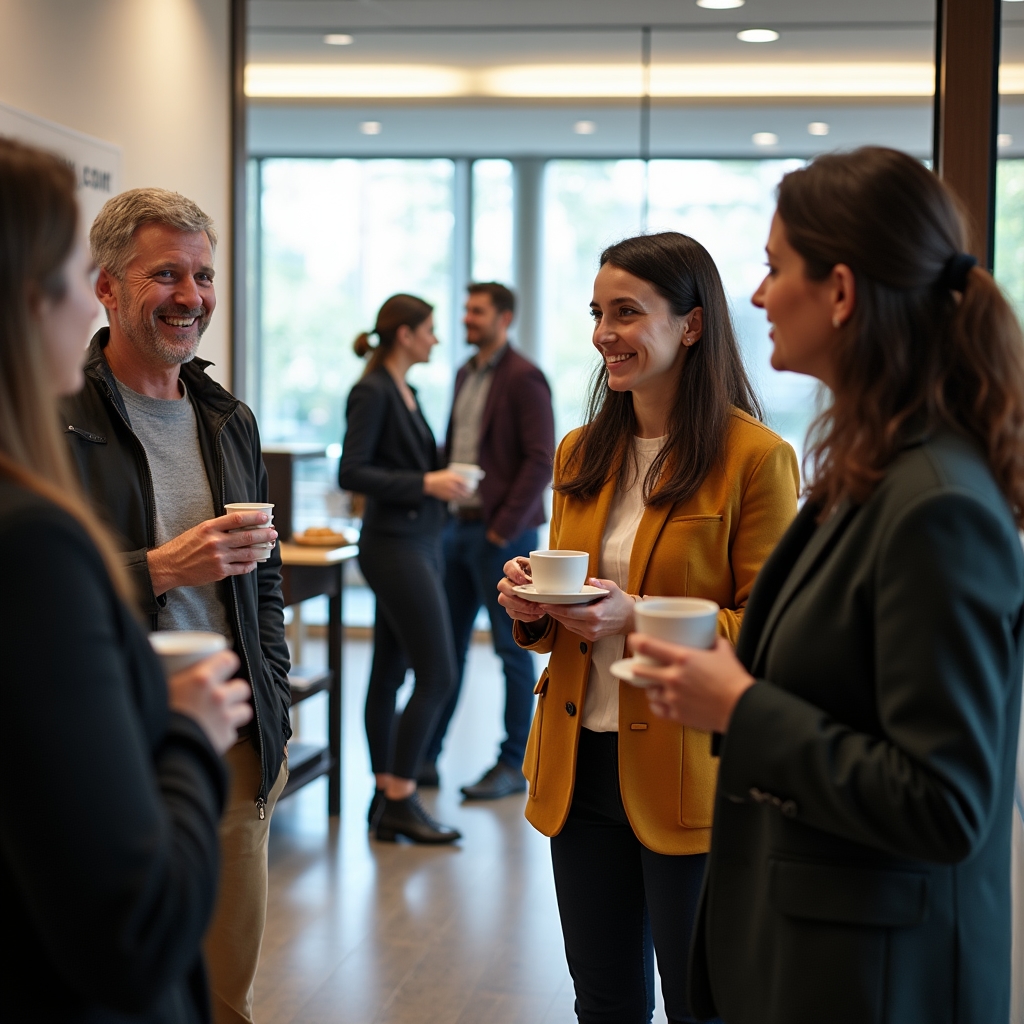 Workshop participants talking informally during a break with coffee cups on a side table