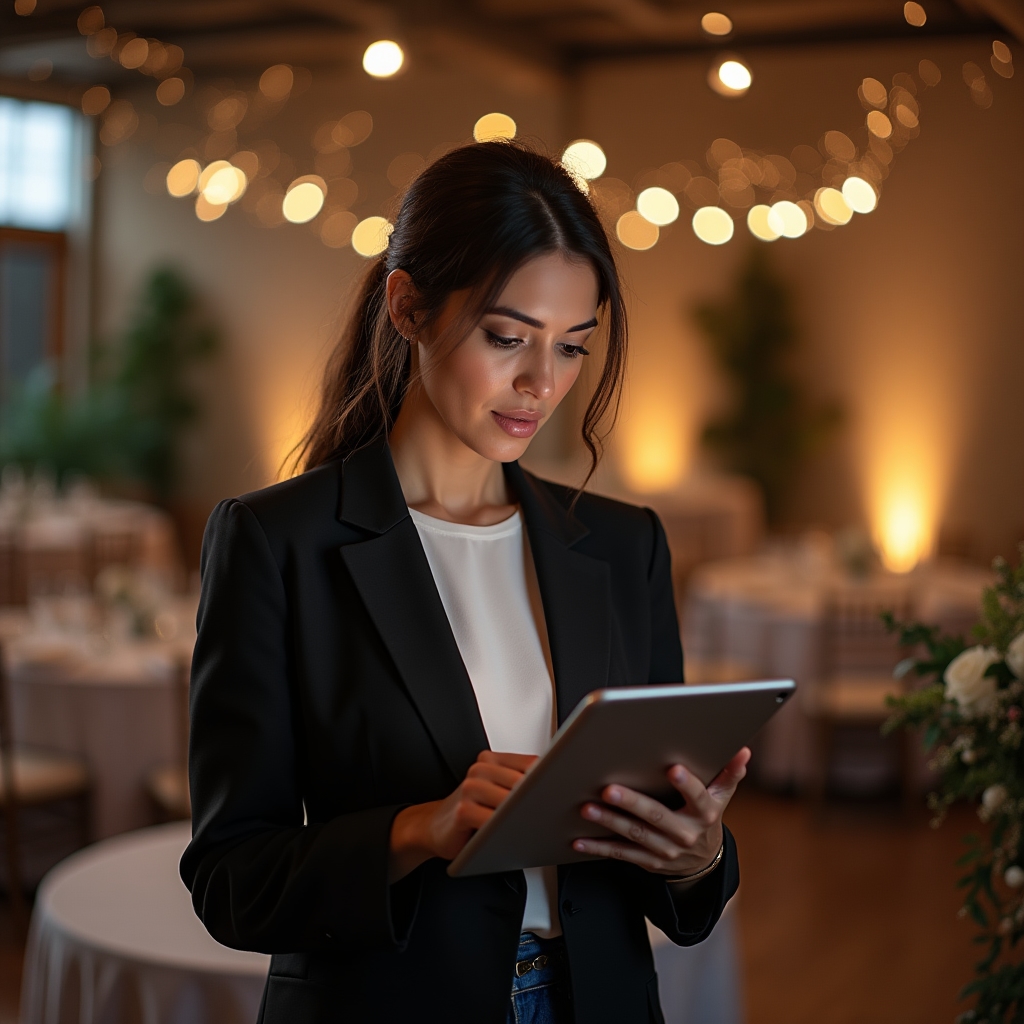 Venue coordinator wearing a headset while checking a tablet during event setup